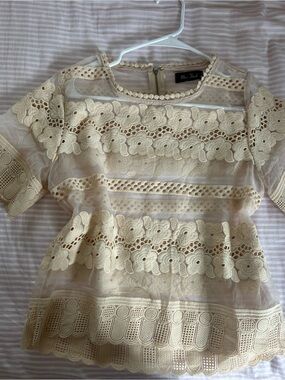 Tulle Cream Embroidered Floral Lace Peplum Blouse